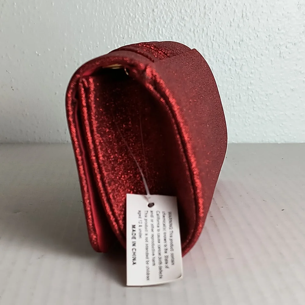 Shimmer Red Vampire Satin Evening Clutch Bag Snap Closure Glitter Red Rhinestone
